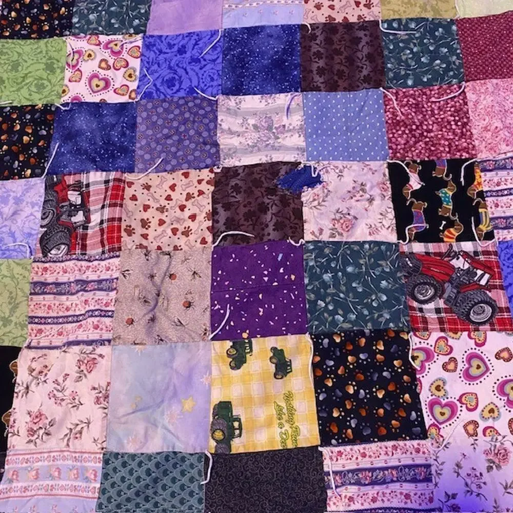 Vintage Handmade Patchwork Postage Stamp Quilt 48x48 Blue Colorful Unisex